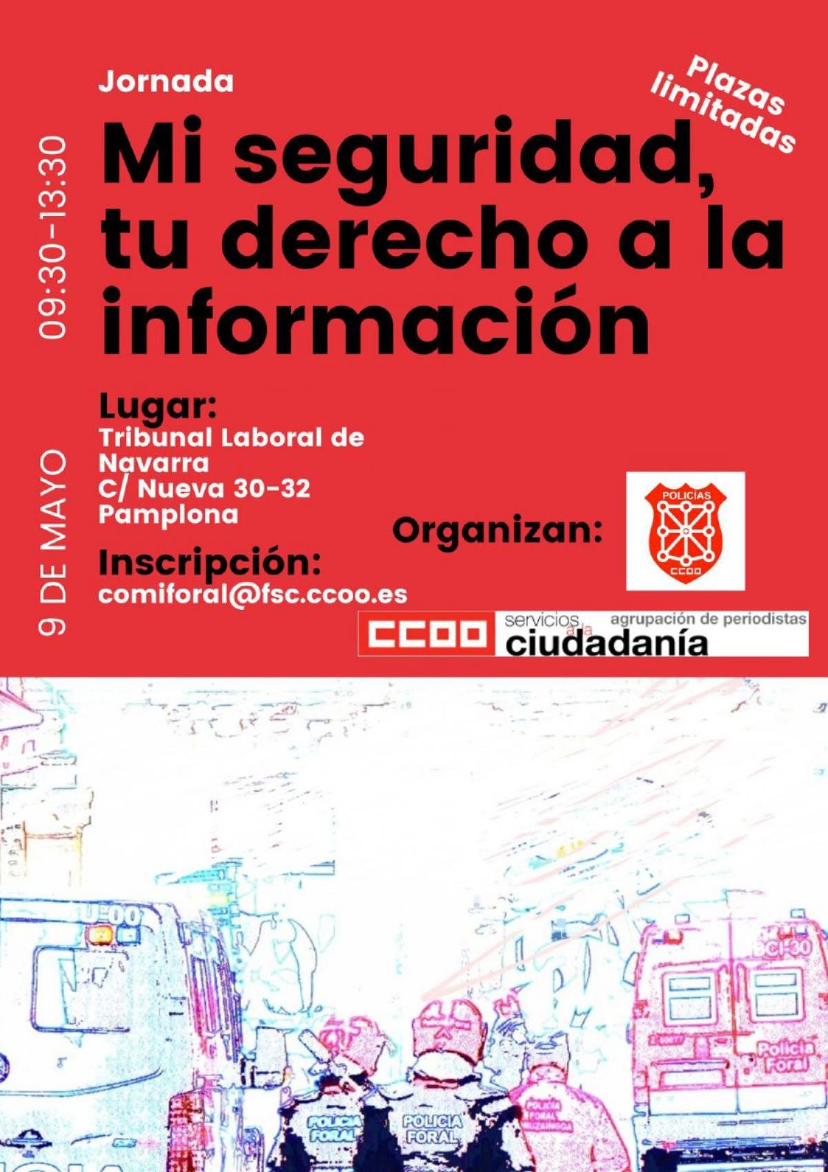 Cartel anunciador de la jornada que celebrarn periodistas y agentes de la Polica Foral de Navarra. / J. O.